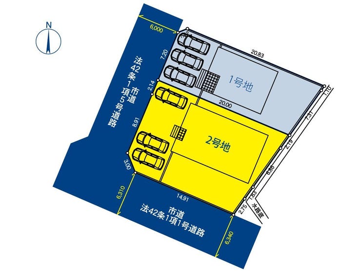 【全2棟・並列駐車3台可】前面道路は幅員6m以上の公道で、運転が苦手な方も安心の車出し。2号棟は南×西の角地のような立地で陽光が降り注ぎます。プライバシーを確保しやすい、ゆとりある配棟計画が魅力です。