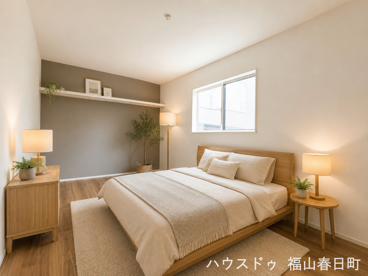 【洋室】
ゆとりの約9畳の主寝室。キングサイズのベッドもゆったり置ける広さで、ご夫婦の寝室やリラックス空間として快適にお使いいただけます。
※CGで家具を配置しています。