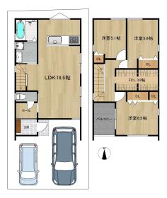【間取り図】
4580万円(土地価格2580万円・建物プラン2000万円)の新築計画が可能！
フリープランなので、細かい間取り相談ができます。
1階/44.95㎡　2階/44.75㎡