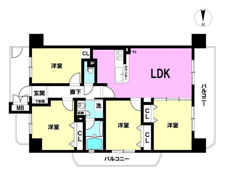 【間取り】
4LDKでファミリーでもゆったり♪収納クローゼット♪2面バルコニー♪