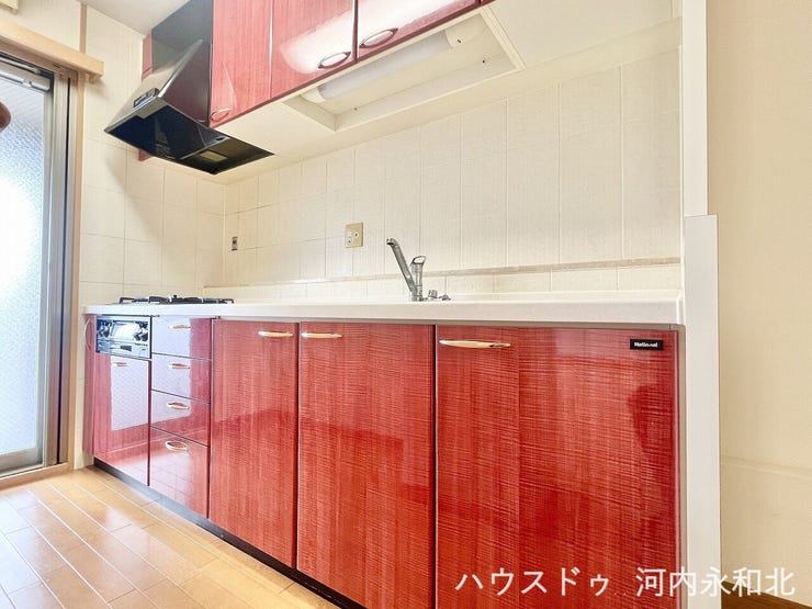 バルコニーに出られる勝手口つきで通風良好!赤のアクセントが日々の料理を楽しく彩ります。