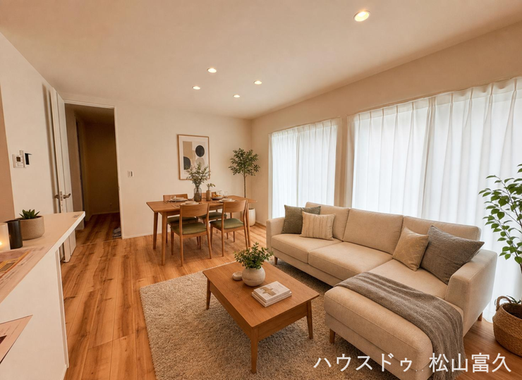 【リビング】
南向きの窓から心地よい太陽の光がたっぷり差し込む開放的な空間。家族みんなが自然と集まり、ソファでのんびりと寛ぐ贅沢な時間を満喫できます。
※家具家電はイメージです。