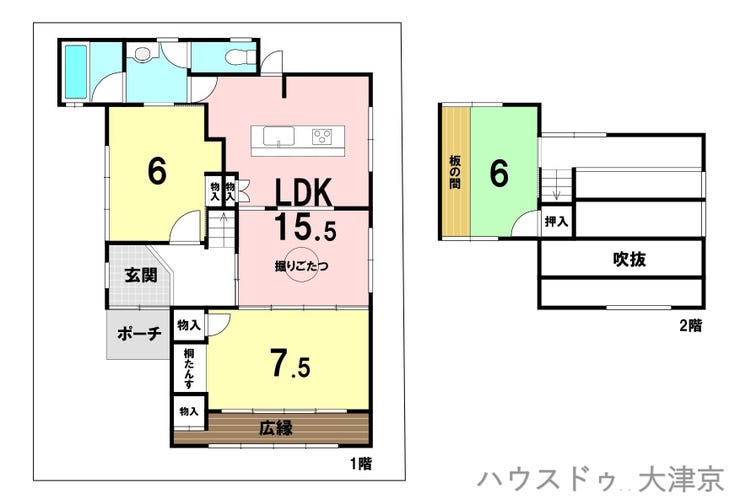 【間取り】
全居室6帖以上のゆとりある3LDK!掘りごたつや広縁、開放的な吹抜などこだわりが詰まった間取りです。