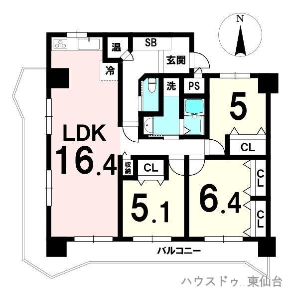 【間取り】
LDK16.4帖のゆとりある空間に、洋室は使いやすい3LDK。南西角部屋で全体的に明るく、バルコニーは20.81㎡の広さが贅沢ですね♪