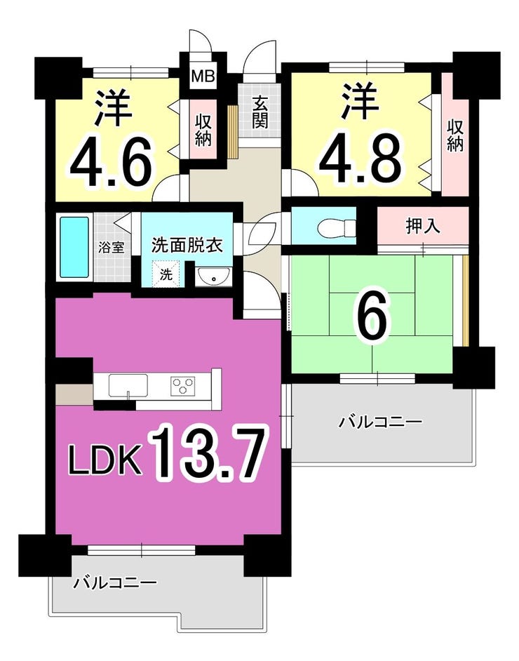 【間取り】
【2面バルコニー】サンパーク南八千代♪鳴水小・黒崎中学校♪バス一坪以上♪都市ガス♪全居室収納♪