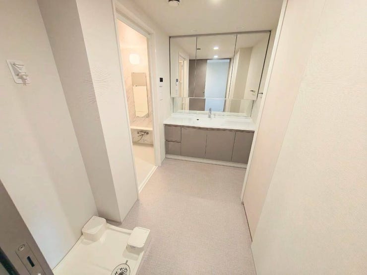 優しく落ち着いた色合いでまとめられた、心地よいゆとりを感じる洗面空間。朝の忙しい時間帯でも窮屈さを感じにくく、手洗いや身だしなみのチェックを落ち着いて快適に行うことができます。