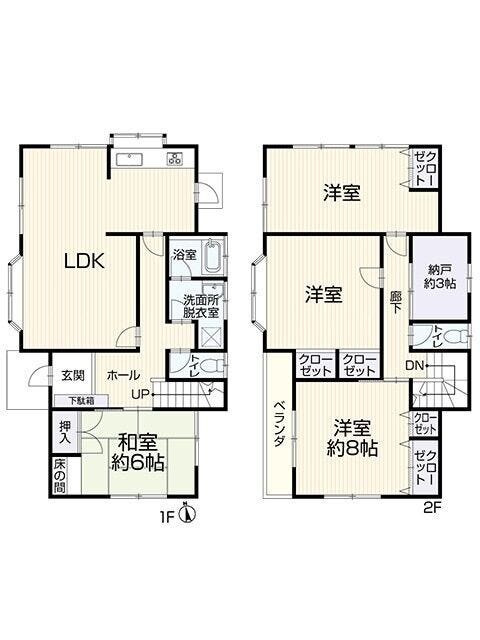 【間取り】
2階建て。4LDK+S。壁付けキッチン。1階和室約6帖。2階洋室3部屋。トイレ2か所。全居室収納スペース付き。納戸付き(約3帖)。