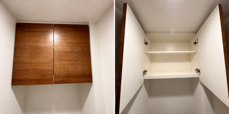温かみのある木目調の扉がアクセントになったトイレ収納。
内部は棚で仕切られており、消耗品をたっぷりしまえます。
床に物を置かずに済むため掃除がしやすく、
トイレを広くすっきり使えます。