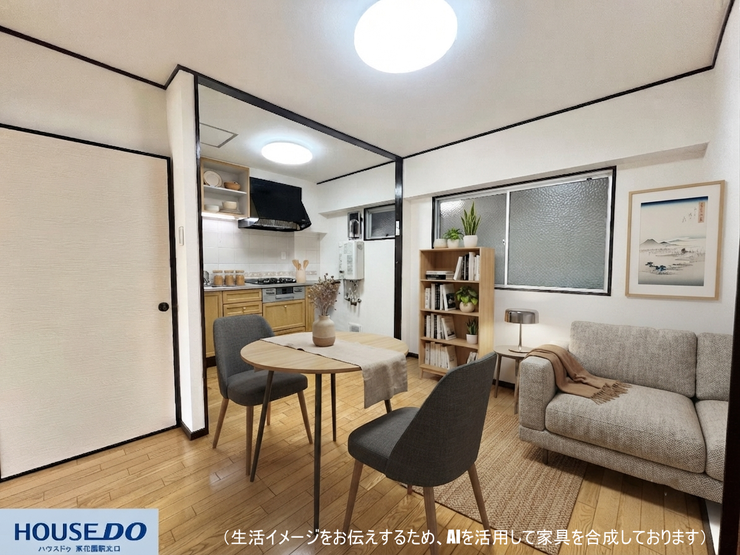 【キッチン】
温かみのある木目調の空間に、落ち着いた色合いの家具を配置した様子です!食事の時間が楽しくなりそうな、リラックスできる空間になっています♪