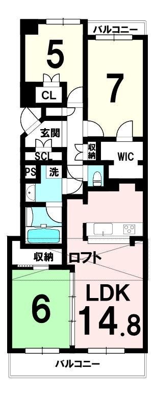 【間取り】
14.8帖LDKを中心に、洋室7帖・5帖+和室6帖の使いやすい3LDK。
ロフト・WIC・SCLなど収納力が高く、家族の荷物もすっきり。
南向き2面バルコニーで採光・通風ともに良好です。