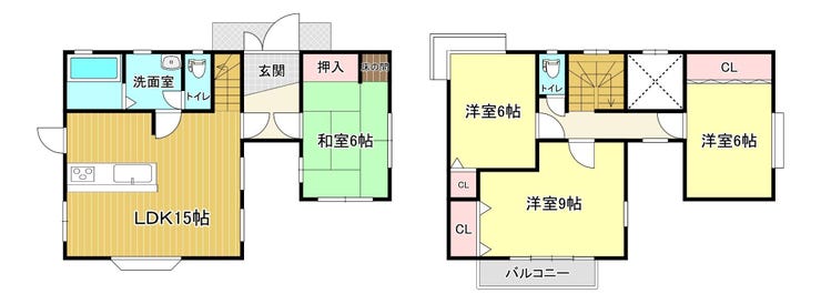 【間取り】
4LDKに各居室収納付き!各居室6帖以上でゆったりとした広さがありますね♪対面式のキッチンで家族がつながる空間に。