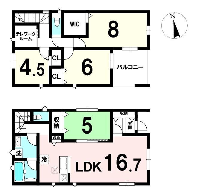 【間取り】
2階は7.25帖の主寝室を中心に、6帖×2室とテレワークルーム、WICを備えた収納豊富なプラン。ルーフバルコニー付きで採光も良好です。