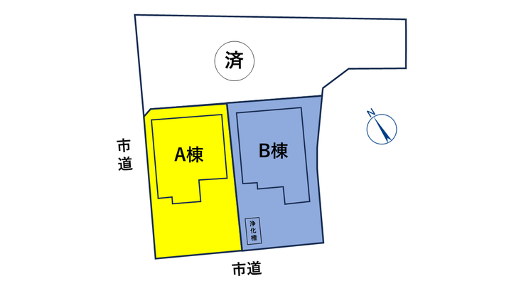 【全体区画図】南西側(約5.5m)と北西側(約4.3m)の2本の市道に面した全3区画の分譲地です。角地を含むA棟・B棟を販売中。道路への接道状況や各棟の敷地配置がひと目でわかります
