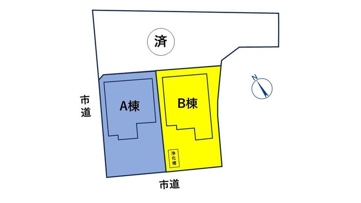 【全体区画図】南西側(約5.5m)と北西側(約4.3m)の2本の市道に面した全3区画の分譲地です。角地を含むA棟・B棟を販売中。道路への接道状況や各棟の敷地配置がひと目でわかります