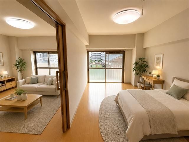 7帖:採光良好で明るく心地よいリビング隣接の洋室
※実際の写真に家具や調度品をCG合成したものです。(家具等は販売に含まれておりません)
