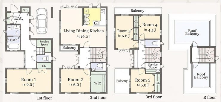 【間取り】
約16帖のLDKに5居室を備えたゆとりの住まい。ルーフバルコニー付きで暮らしの幅が広がります。