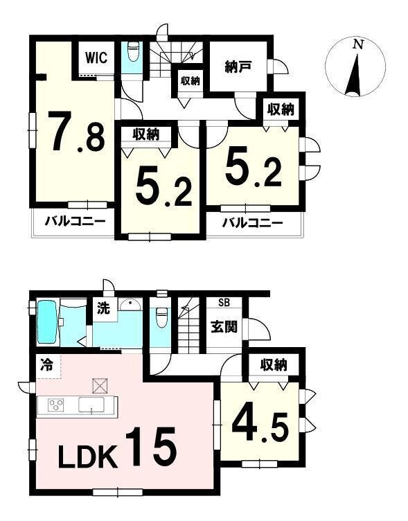 【間取り】
LDK15帖に加え、2階は全居室5帖以上で使いやすい4LDK。主寝室にはWICを備え、収納量も十分。水回りが1階にまとまり家事動線がスムーズ。南向きバルコニーで採光も良好な住まい