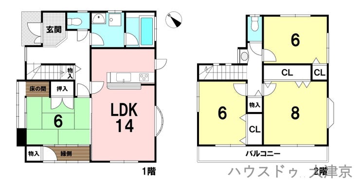 【間取り】
14帖の広々LDKと、心が和む6帖の和室が1階に。家族が集い、ゲストを迎えられるゆとりの住まいです。2階には全室6帖以上の個室を配置。