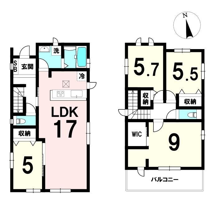 【間取り】
LDK17帖を中心に、各居室収納+WICで収納力が高い4LDK。
水回りが1階に集約され、家事動線もスムーズ。