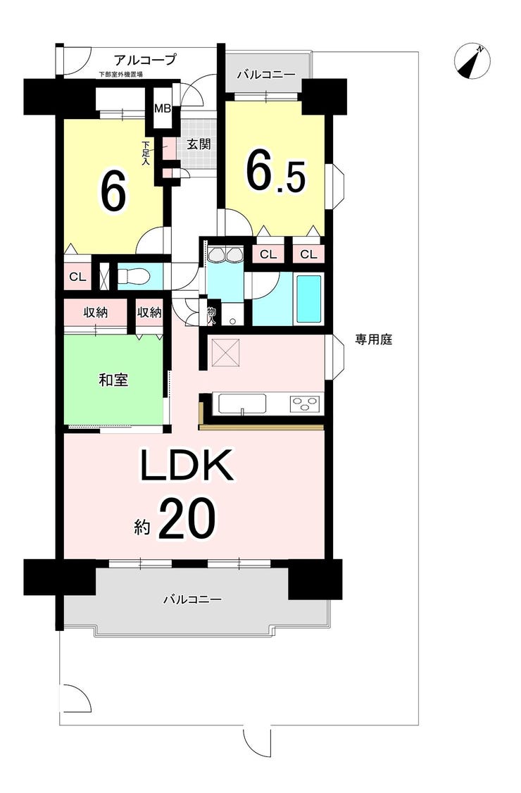 【間取り】
【開放感ある約20帖のLDK】くつろぎの専用庭付き物件!駅・コンビニまで徒歩10分圏内と生活に便利!