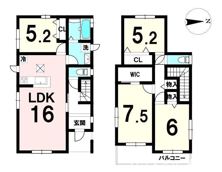 【間取り】
A・B号棟ともに16帖LDKを中心に、全居室5.25帖以上を確保した4LDKプラン。水まわりを1階にまとめた家事動線で、2階にはゆとりある主寝室と収納を配置した使いやすい間取りです。