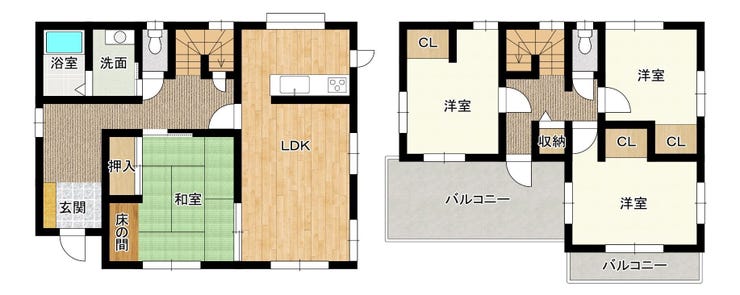 【間取り】
水回りが集約された家事楽動線!全室に収納完備&広々バルコニー2面付きの快適な4LDKプラン。