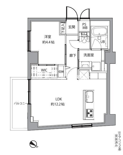 【間取り】
46.21㎡の1LDK。約12.2帖のLDKとウォークインクローゼットを備え、収納力と暮らしやすさを両立した住まいです。