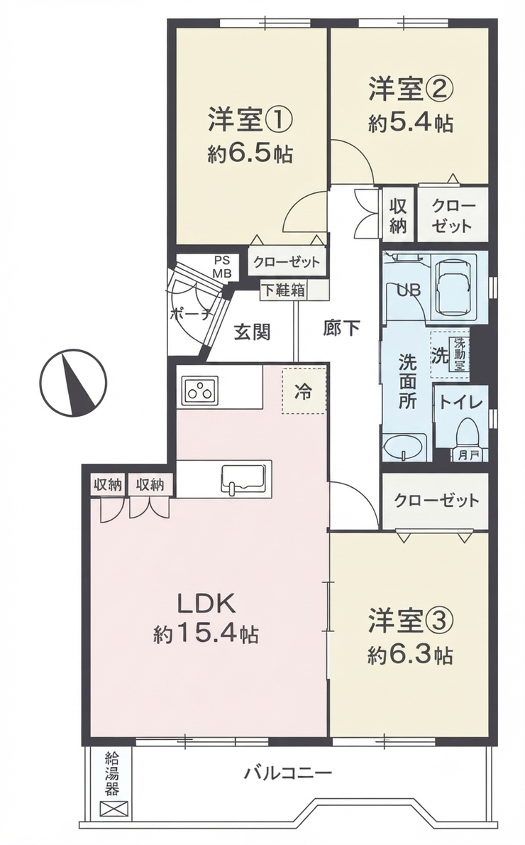 【間取り】
家族の団らんが広がる、約15.4帖のゆとりあるLDKが魅力の住まいです。各洋室にはクローゼットを備え、収納力も確保。家族みんながそれぞれのプライベートを大切にしながら、穏やかな時間を育めそうです。