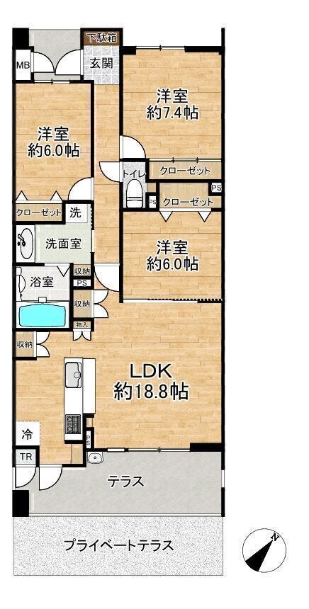 【間取り】
■3LDK■専有面積86.93㎡■テラス面積13.00㎡■専用テラス面積13.00㎡