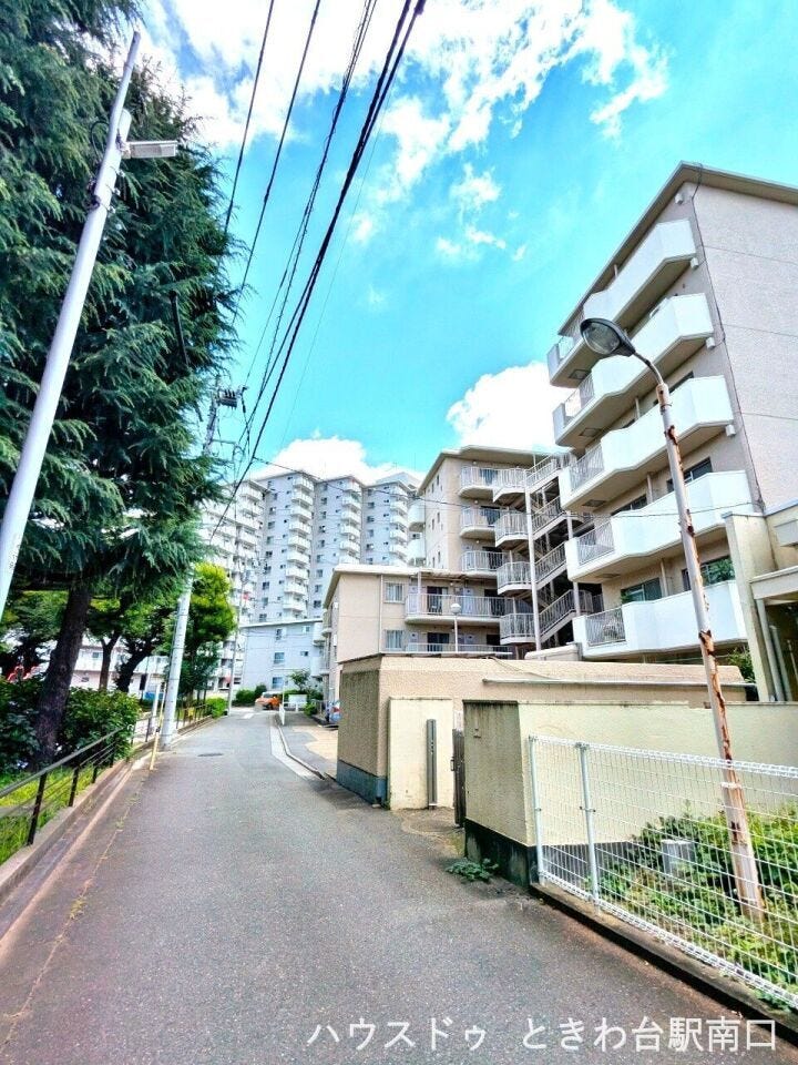 外部からの視線を程よく遮るアプローチ。建物の周囲は整理されており、清潔感のある空間が広がります。