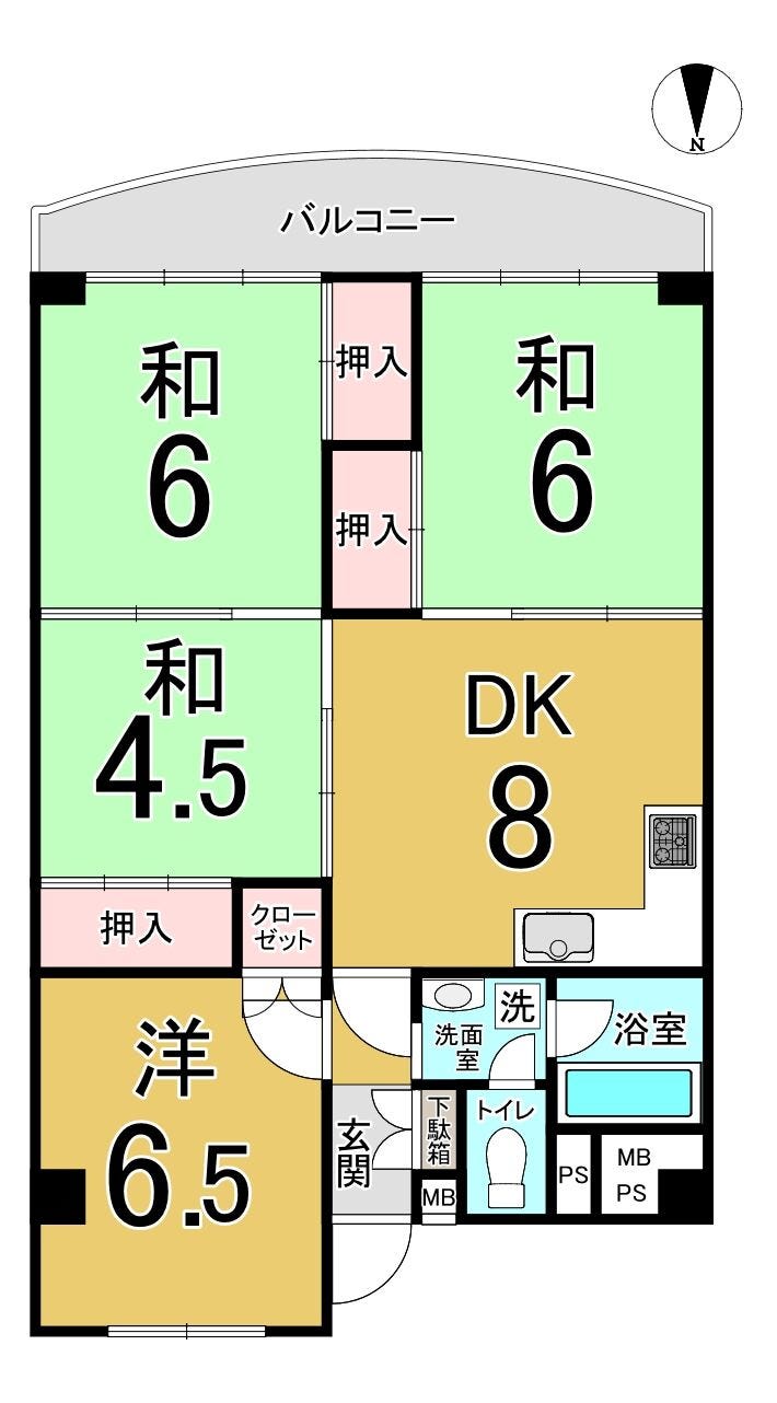 【間取り】
南向きバルコニーに面した明るい4DK。和室3室+洋室1室を備え、各居室に収納付き。ご家族の暮らしに合わせて使い分けしやすい間取りです。