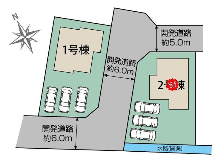 2号棟がご契約となり最終1棟です!角地に立地しており通風、日当たり良好です♪前面道路は6mありお車の入出庫も楽々です(甲府市宮原町 新築建売物件)