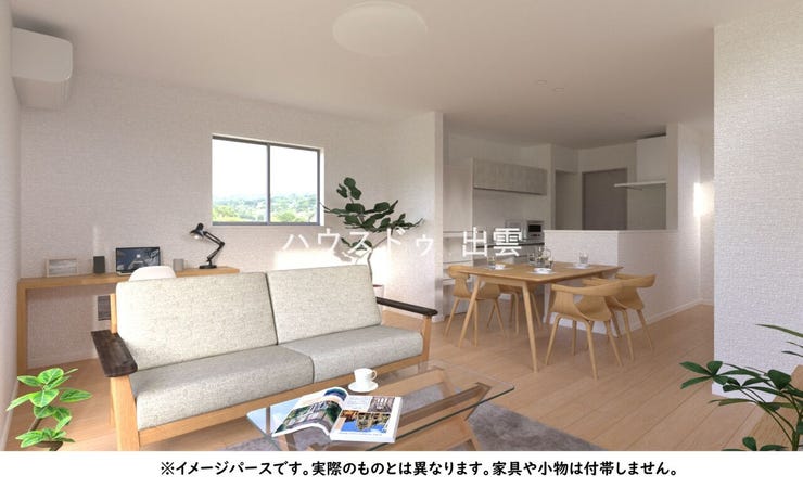 LDKは17.6帖。オープンキッチン横にはダイニングテーブルが設置可能。ソファを置いてもゆとりのある広さです。
※イメージパースです。実際のものとは異なります。家具や小物は付帯しません。