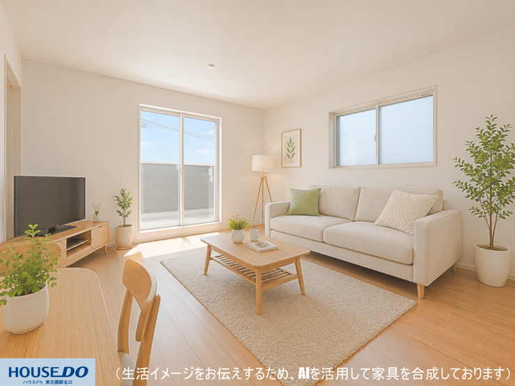 【リビング】
明るい光が広がる開放的なリビングは、家族が集まる場所にぴったりな心地よい住空間です☆ナチュラルな木目の建具とスタイリッシュな内装が調和し、どんな家具ともコーディネートしやすいデザインです!