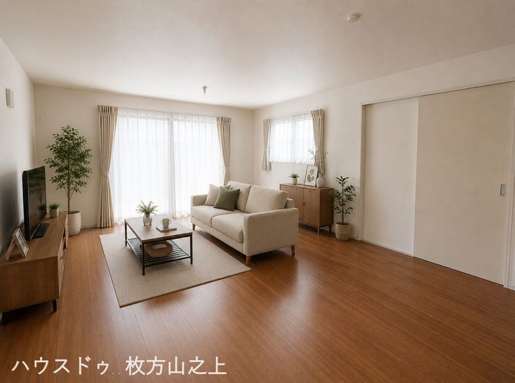大きな窓からたっぷりの陽光が差し込む、明るく開放感のあるリビング。ゆとりのある空間で、ご家族との団らんやくつろぎの時間を快適にお過ごしいただけます。