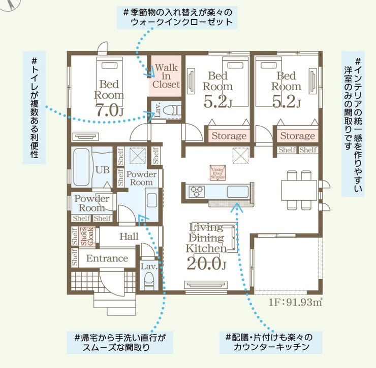 【間取り】
3LDKの平屋です!
季節物の入れ替えがラクラクのウォークインクローゼットもあります♪