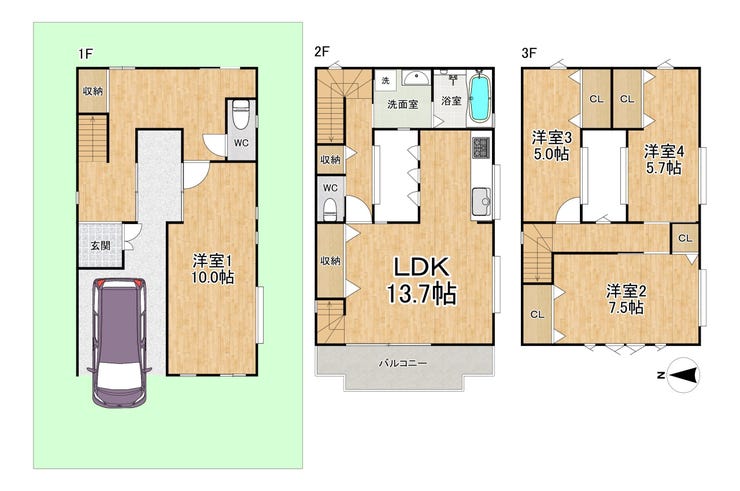 【間取り】
◆3階建て◆4LDK◆土地面積77.70㎡◆建物面積123.89㎡