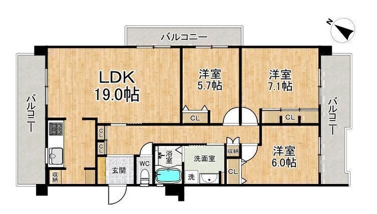 【間取り】
■3LDK■専有面積84.33㎡■バルコニー面積28.35㎡