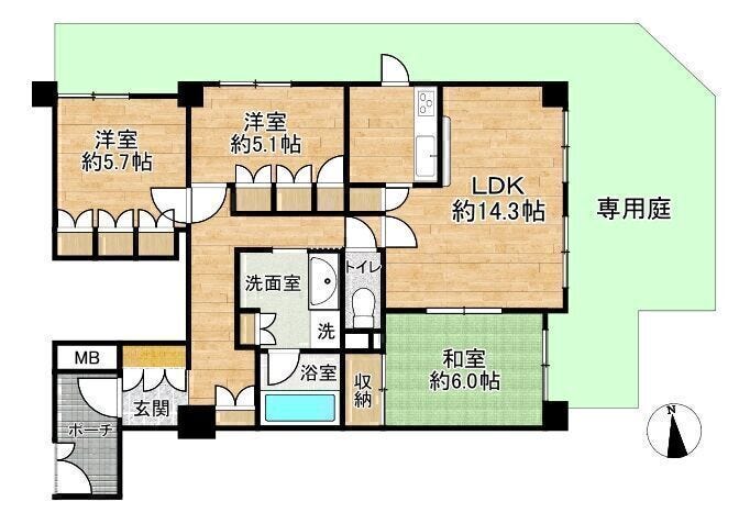【間取り】
■3LDK■専有面積77.04㎡■専用庭面積31.95㎡