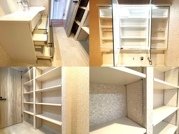 洗面台は収納充実、鏡の裏は小物入れになっております。また、洗面所には大型の収納棚を設置。可動棚ですので、お好みの高さに調整が可能です。