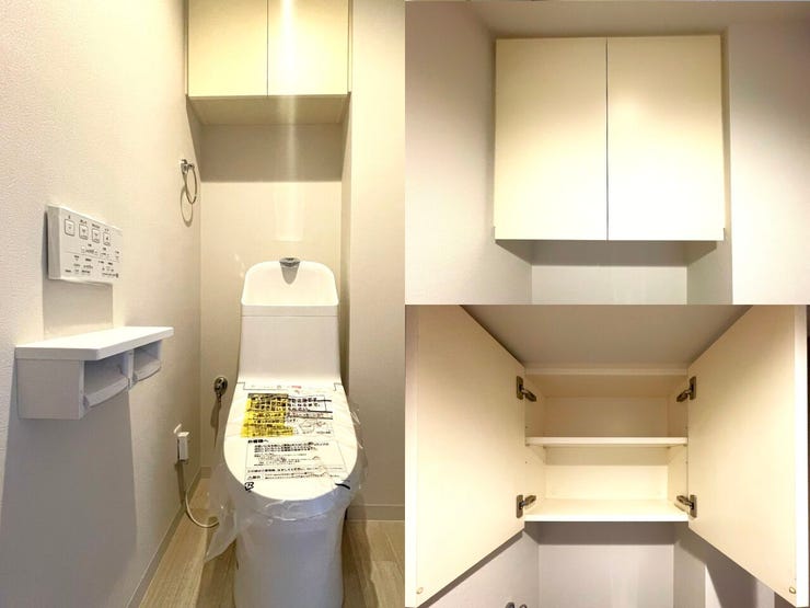 トイレは温便座・温水洗浄機能付きです。吊戸棚も付いておりますので、トイレ用品をストックしておけます。