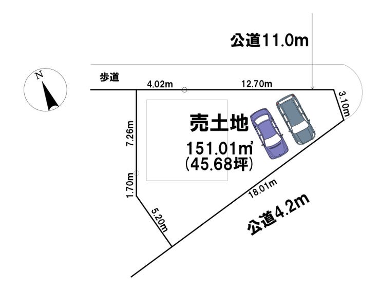 【区画図】
☆約45.6坪、理想の住まいを注文住宅で!!
☆車の駐車も2台並列が可能です!!
