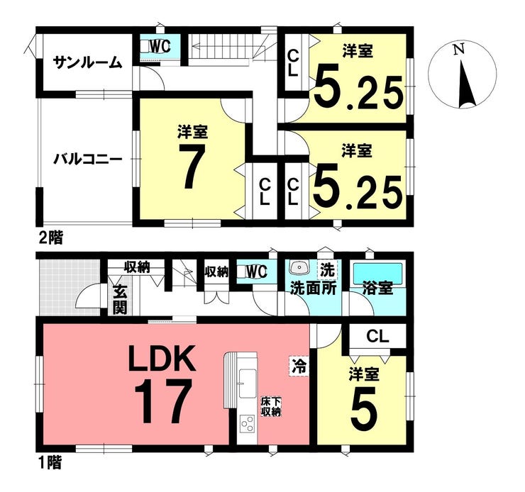 【間取り】
4LDK+サンルーム付きの間取りです。
1階に洋室があるので、来客用としてもお使いいただけます。
