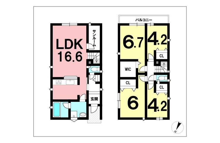 【間取り】
4LDK++WIC、サンルーム、オール電化【建物面積91.72㎡(27.74坪)】