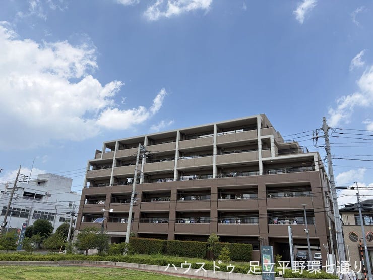 広い空と調和する堂々とした外観。植栽も整えられ、落ち着きのある住環境です。