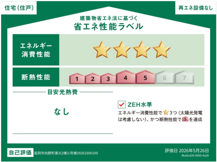 エネルギー消費性能★★★★(削減率30%達成)、断熱性能5段階/7段階中、本現場に関して全ての棟の「エネルギー消費性能」と「断熱性能」は代表棟ラベルと同一です。
