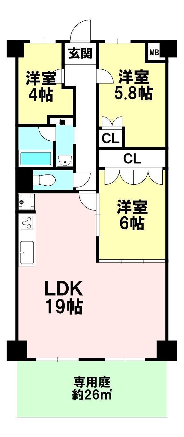 【間取り】
小さいお子様が居るご家庭には嬉しい、専用庭付きマンションです♪