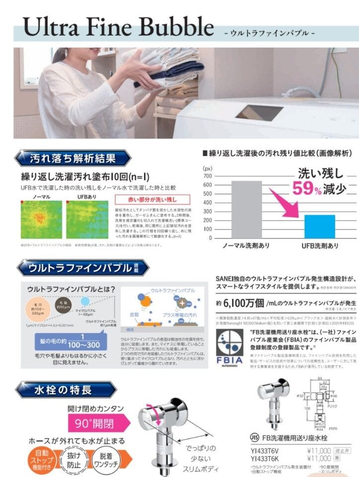 ウルトラファインバブル搭載FB洗濯機用送り座水栓☆超微細な気泡が汚れの奥まで入り込み汚れを落とします☆ノーマル水での洗濯に比べ、ウルトラファインバブル水は59%洗い残しが減少☆
