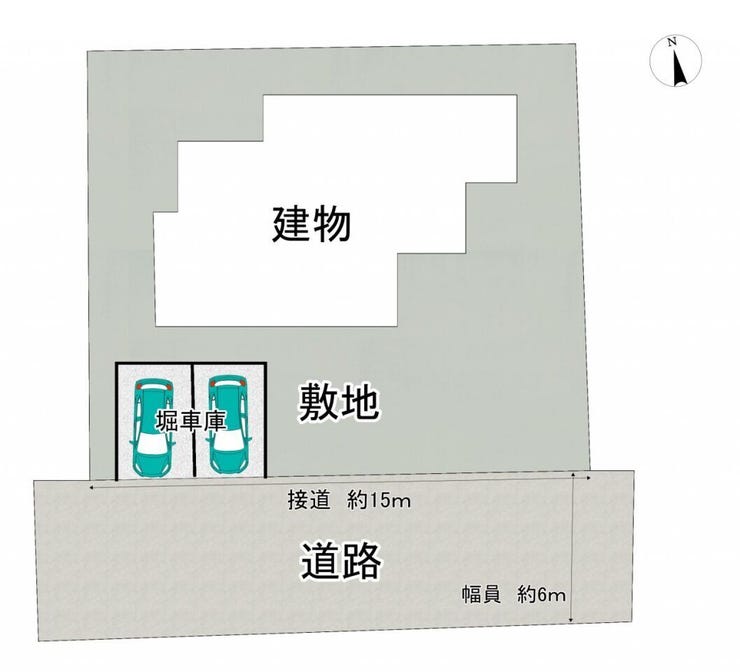 【区画図】接道は約15m、前面道路は幅員約6mです。堀車庫並列2台駐車可能です。