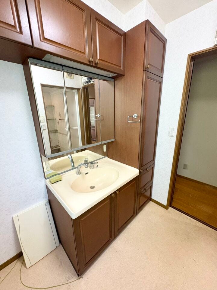 窓があり、自然光が差し込む明るい洗面所。朝の身支度も気持ちよくでき、換気もしやすい快適な空間です。3面鏡裏も収納になっているのでお化粧品や洗剤のストック等たくさんできますよ。